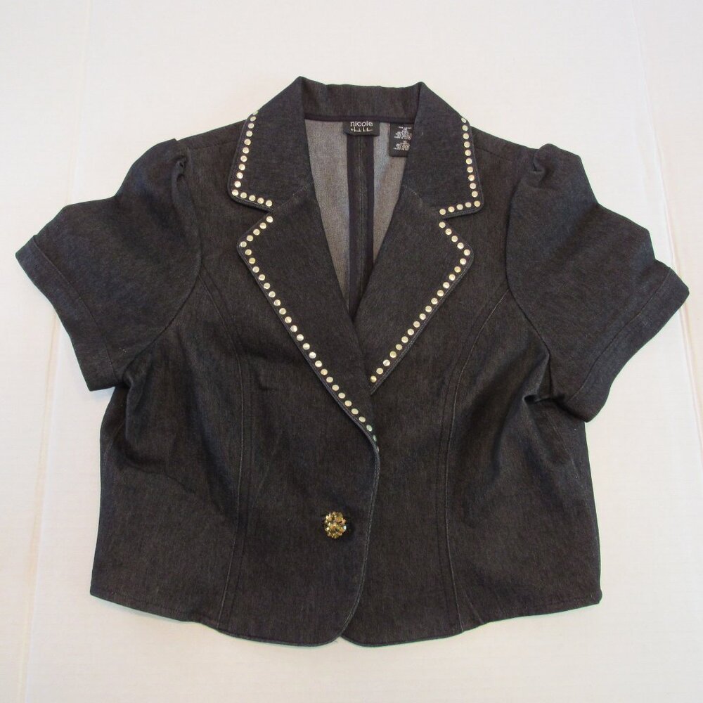 Nicole by Nicole Miller Black Stretch Denim Short Sleeve Cropped Jacket Size 14